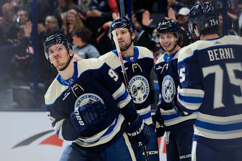 Jan 19, 2023; Columbus, Ohio, USA; Columbus Blue Jackets center Jack Roslovic (96) celebrates with teammates after scoring a goal against the Anaheim Ducks in the first period at Nationwide Arena. Mandatory Credit: Aaron Doster-USA TODAY Sports