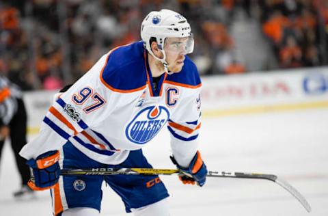 May 5, 2017; Anaheim, CA, USA; Edmonton Oilers center Connor McDavid (97) looks on against the Anaheim Ducks during the first period in game five of the second round of the 2017 Stanley Cup Playoffs at Honda Center. Mandatory Credit: Kelvin Kuo-USA TODAY Sports