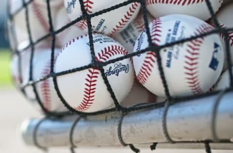 Apr 24, 2016; Detroit, MI, USA; A view of Rawlings baseballs used for batting practice at Comerica Park. The Indians won 6-3. Mandatory Credit: Aaron Doster-USA TODAY Sports