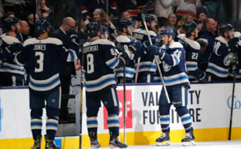 Jan 14, 2020; Columbus, Ohio, USA; Columbus Blue Jackets center Riley Nash (20) celebrates a goal against the Boston Bruins during the third period at Nationwide Arena. Mandatory Credit: Russell LaBounty-USA TODAY Sports