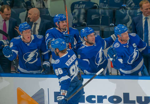 TAMPA, FL – OCTOBER 03: Tampa Bay Lightning Right Wing Nikita Kucherov (86) celebrates his goal with the bench during the NHL Hockey match between the Lightning and Panthers on October 3, 2019 at Amalie Arena in Tampa, FL. (Photo by Andrew Bershaw/Icon Sportswire via Getty Images)