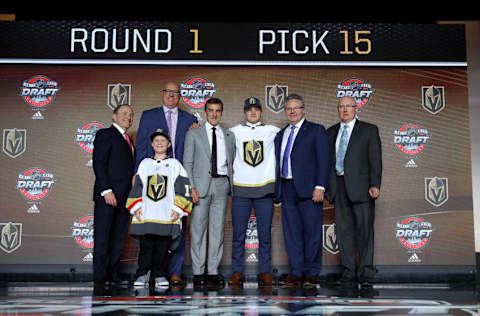 CHICAGO, IL – JUNE 23: Erik Brannstrom poses for photos after being selected 15th overall by the Vegas Golden Knights during the 2017 NHL Draft at the United Center on June 23, 2017, in Chicago, Illinois. (Photo by Bruce Bennett/Getty Images)