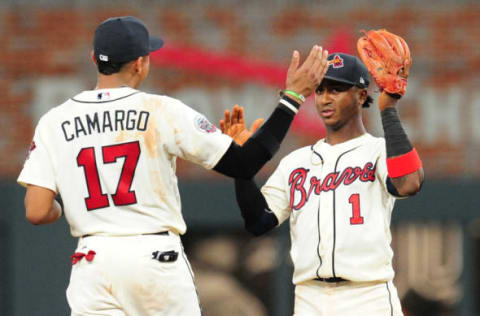 ATLANTA, GA – AUGUST 5: Johan Camargo #17 and Ozzie Albies #1 of the Atlanta Braves celebrate after the game against the Miami Marlins at SunTrust Park on August 5, 2017 in Atlanta, Georgia. (Photo by Scott Cunningham/Getty Images)