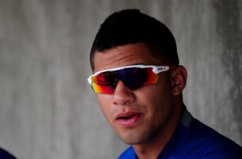 Mar 7, 2016; Salt River Pima-Maricopa, AZ, USA; Chicago Cubs infielder Gleyber Torrres looks on during the first inning against the Colorado Rockies at Salt River Fields at Talking Stick. Mandatory Credit: Matt Kartozian-USA TODAY Sports