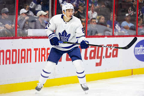 OTTAWA, ON – SEPTEMBER 18: Toronto Maple Leafs right wing Ilya Mikheyev (65) keeps eyes on the play during third period National Hockey League preseason action between the Toronto Maple Leafs and Ottawa Senators on September 18, 2019, at Canadian Tire Centre in Ottawa, ON, Canada. (Photo by Richard A. Whittaker/Icon Sportswire via Getty Images)