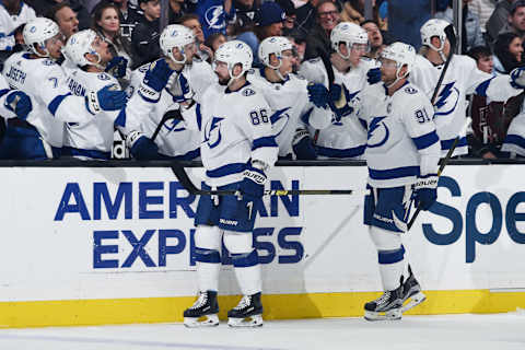 LOS ANGELES, CA – JANUARY 3: Nikita Kucherov #86 and Steven Stamkos #91 of the Tampa Bay Lightning celebrate Kucherov’s first-period goal with the bench during the game against the Los Angeles Kings at STAPLES Center on January 3, 2019 in Los Angeles, California. (Photo by Adam Pantozzi/NHLI via Getty Images)