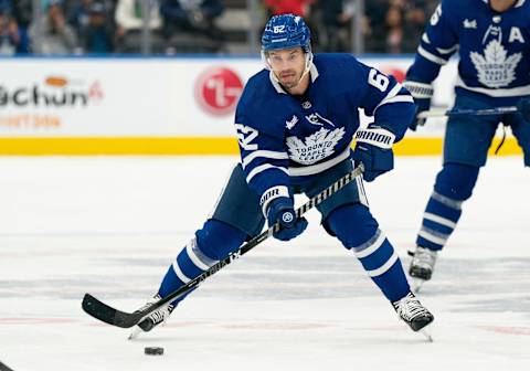 Sep 24, 2022; Toronto, Ontario, CAN; Toronto Maple Leafs center Denis Malgin (62) skates with the puck against the Ottawa Senators during the first period at Scotiabank Arena. Mandatory Credit: Nick Turchiaro-USA TODAY Sports