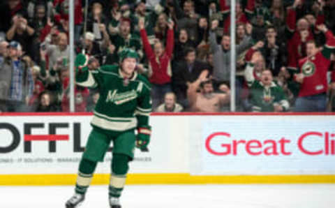 Feb 16, 2017; Saint Paul, MN, USA; Minnesota Wild defenseman Ryan Suter (20) celebrates his goal during the first period against the Dallas Stars at Xcel Energy Center. Mandatory Credit: Brace Hemmelgarn-USA TODAY Sports