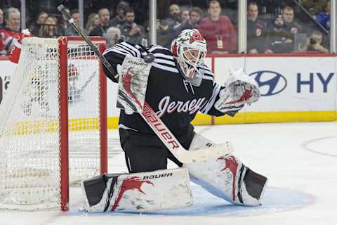 New Jersey Devils goaltender Vitek Vanecek (41): Vincent Carchietta-USA TODAY Sports