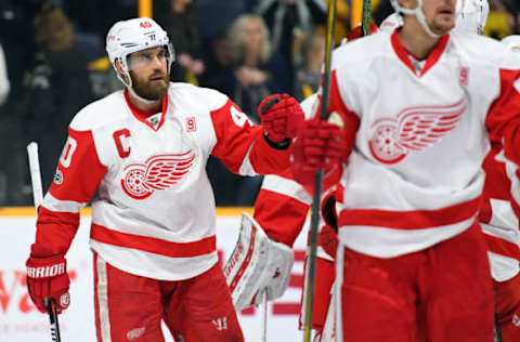 NHL Power Rankings: Detroit Red Wings left wing Henrik Zetterberg (40) celebrates with teammates after a win against the Nashville Predators at Bridgestone Arena. The Red Wings won 1-0. Mandatory Credit: Christopher Hanewinckel-USA TODAY Sports