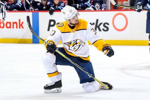 WINNIPEG, MB – MARCH 1: Viktor Arvidsson #33 of the Nashville Predators celebrates his first period goal against the Winnipeg Jets at the Bell MTS Place on March 1, 2019 in Winnipeg, Manitoba, Canada. (Photo by Jonathan Kozub/NHLI via Getty Images)