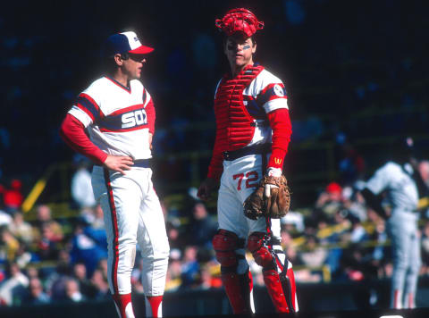 Tom Seaver with fellow veteran Carlton Fisk in 1985. (Photo by Ron Vesely/MLB Photos via Getty Images)