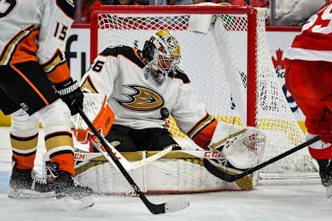 DETROIT, MI – OCTOBER 08: Anaheim Ducks goaltender John Gibson (36) stops a point blank shot with his chest during the Detroit Red Wings game versus the Anaheim Ducks on October 8, 2019, at Little Caesars Arena in Detroit, Michigan. (Photo by Steven King/Icon Sportswire via Getty Images)