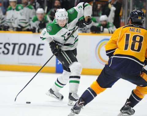 Feb 15, 2016; Nashville, TN, USA; Dallas Stars defenseman John Klingberg (3) skates with the puck in overtime against the Nashville Predators at Bridgestone Arena. The Stars won 3-2 in overtime. Mandatory Credit: Christopher Hanewinckel-USA TODAY Sports