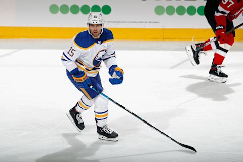 NEWARK, NEW JERSEY – FEBRUARY 23: Riley Sheahan #15 of the Buffalo Sabres skates against the New Jersey Devils at Prudential Center on February 23, 2021 in Newark, New Jersey. (Photo by Bruce Bennett/Getty Images)