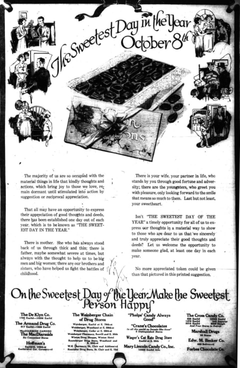 A Sweetest Day advertisement first published in The Cleveland Press on October 6, 1921.