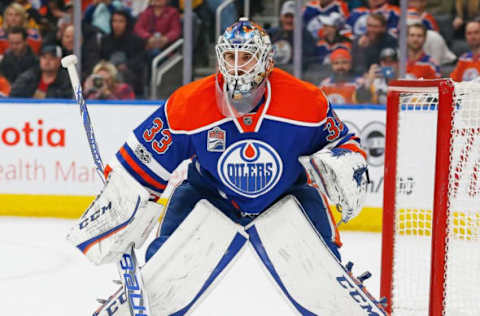 Mar 10, 2017; Edmonton, Alberta, CAN; Edmonton Oilers goaltender Cam Talbot (33) makes a save against the Pittsburgh Penguins at Rogers Place. Mandatory Credit: Perry Nelson-USA TODAY Sports