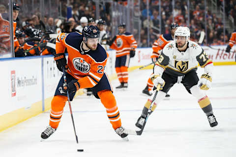 EDMONTON, AB – APRIL 05: Leon Draisaitl #29 of the Edmonton Oilers is shadowed by Brandon Pirri #73 of the Vegas Golden Knights at Rogers Place on April 5, 2018 in Edmonton, Canada. (Photo by Codie McLachlan/Getty Images)