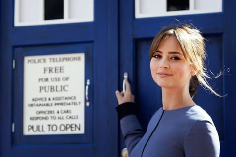 Jenna Coleman, who plays companion Clara Oswald, poses with the TARDIS in 2014.