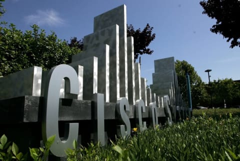 The Cisco Systems logo in front of the company's headquarters in San Jose, California