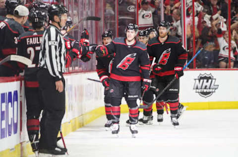 RALEIGH, NC – APRIL 18: Carolina Hurricanes left wing Teuvo Teravainen (86) celebrates with teammates after scoring the game winning goal during a game between the Carolina Hurricanes and the Washington Capitals on April 18, 2019, at the PNC Arena in Raleigh, NC. (Photo by Greg Thompson/Icon Sportswire via Getty Images)