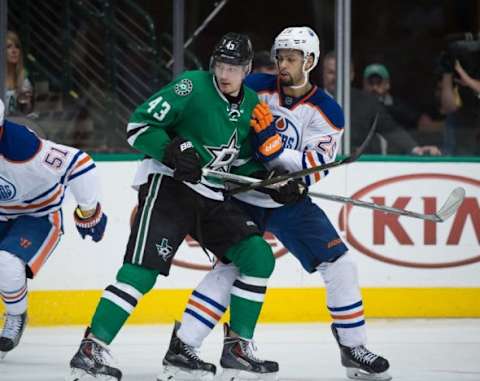 Jan 21, 2016; Dallas, TX, USA; Dallas Stars right wing Valeri Nichushkin (43) and Edmonton Oilers defenseman Darnell Nurse (25) in action during the game at the American Airlines Center. The Stars defeat the Oilers 3-2. Mandatory Credit: Jerome Miron-USA TODAY Sports