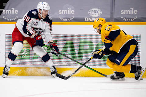 Pierre-Luc Dubois #18 of the Columbus Blue Jackets. (Photo by Brett Carlsen/Getty Images)