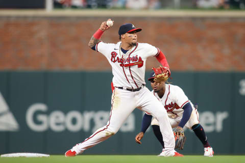 May 9, 2023; Atlanta, Georgia, USA; Atlanta Braves shortstop Orlando Arcia (11) attempts to turn a double play against the Boston Red Sox in the eighth inning at Truist Park. Mandatory Credit: Brett Davis-USA TODAY Sports