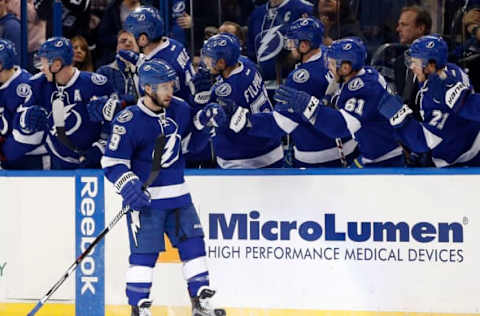 Vegas Golden Knights: Tampa Bay Lightning center Tyler Johnson (9) celebrates with teammates on the bench after scoring a goal against the Ottawa Senators during the second period at Amalie Arena. Mandatory Credit: Kim Klement-USA TODAY Sports