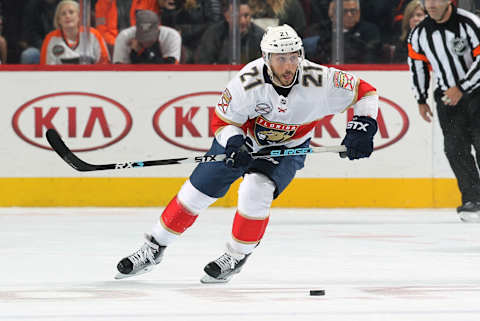 PHILADELPHIA, PA – OCTOBER 16: Vincent Trochek #21 of the Florida Panthers skates the puck against the Phiadelphia Flyers on October 16, 2018 at the Wells Fargo Center in Philadelphia, Pennsylvania. (Photo by Len Redkoles/NHLI via Getty Images)