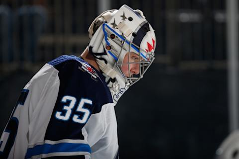 NEW YORK, NY – MARCH 06: Steve Mason #35 of the Winnipeg Jets looks on against the New York Rangers at Madison Square Garden on March 6, 2018 in New York City. The Winnipeg Jets won 3-0. (Photo by Jared Silber/NHLI via Getty Images)