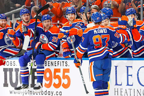 Dec 10, 2023; Edmonton, Alberta, CAN; The Edmonton Oilers celebrate a goal scored by forward Connor McDavid (97) during the third period against the New Jersey Devils at Rogers Place. Mandatory Credit: Perry Nelson-USA TODAY Sports