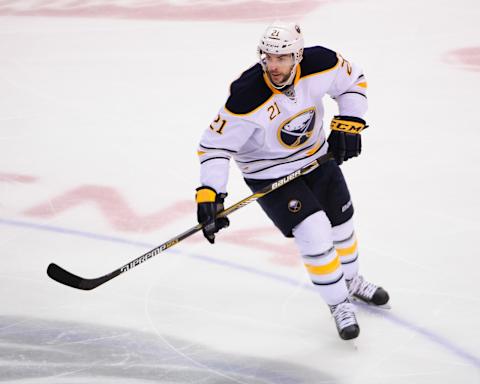 Jan 30, 2015; Vancouver, British Columbia, CAN; Buffalo Sabres forward Drew Stafford (21) skates against the Vancouver Canucks during the third period at Rogers Arena. The Vancouver Canucks won 5-2. Mandatory Credit: Anne-Marie Sorvin-USA TODAY Sports