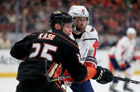 ANAHEIM, CA – MARCH 06: Ondrej Kase #25 of the Anaheim Ducks pushes Brett Connolly #10 of the Washington Capitals during the second period of a game at Honda Center on March 6, 2018, in Anaheim, California. (Photo by Sean M. Haffey/Getty Images)