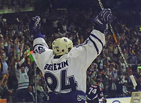 TORONTO, ON – MAY 23: Sergei Berezin #94 of the Toronto Maple Leafs   (Photo by Graig Abel/Getty Images)