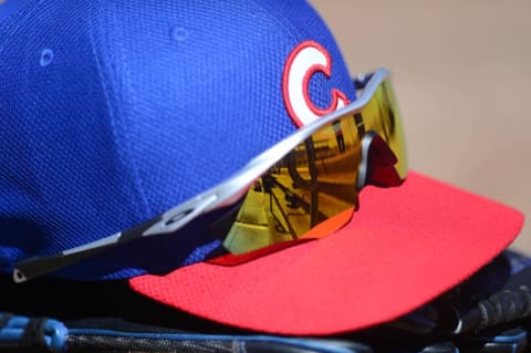 Mar 16, 2015; Peoria, AZ, USA; A Chicago Cubs cap sits in the dugout at Peoria Sports Complex during a game against the San Diego Padres. Mandatory Credit: Joe Camporeale-USA TODAY Sports