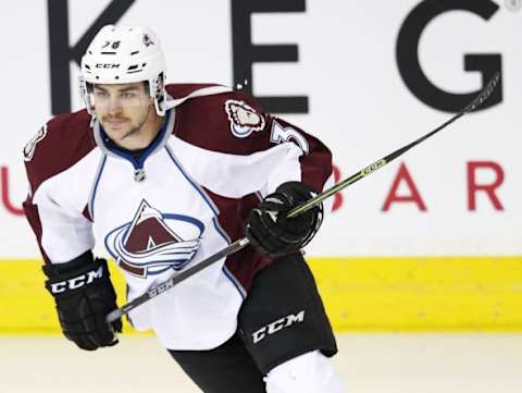 Mar 25, 2015; Edmonton, Alberta, CAN; Colorado Avalanche forward Joey Hishon (38) skates against the Edmonton Oilers at Rexall Place. Mandatory Credit: Perry Nelson-USA TODAY Sports