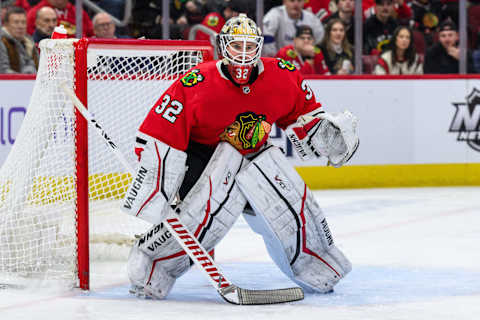 Jan 3, 2023; Chicago, Illinois, USA; Chicago Blackhawks goaltender Alex Stalock (32) stands in net against the Tampa Bay Lightning during the second period at the United Center. Mandatory Credit: Daniel Bartel-USA TODAY Sports