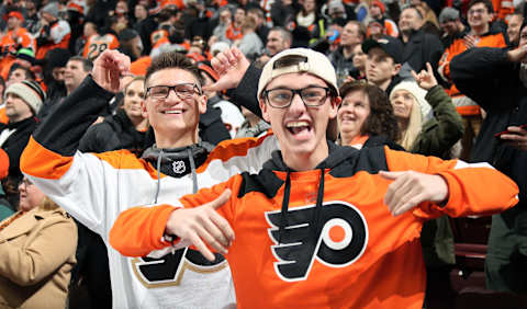 PHILADELPHIA, PA – JANUARY 04: Fans of the Philadelphia Flyers celebrate a 6-4 win over the New York Islanders on January 4, 2018 at the Wells Fargo Center in Philadelphia, Pennsylvania. (Photo by Len Redkoles/NHLI via Getty Images)