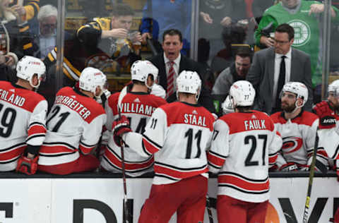 BOSTON, MA – MAY 9: Head coach Rod Brind’Amour of the Carolina Hurricanes talks with his team during the third period against the Boston Bruins in Game One of the Eastern Conference Final during the 2019 NHL Stanley Cup Playoffs at the TD Garden on May 9, 2019 in Boston, Massachusetts. (Photo by Steve Babineau/NHLI via Getty Images)