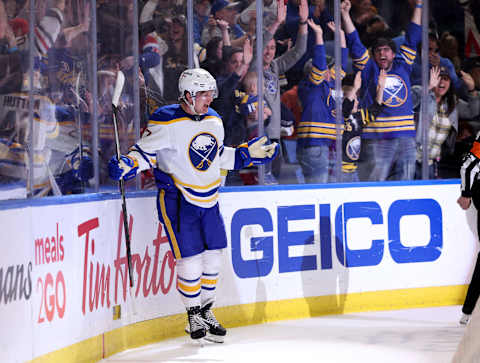 Apr 29, 2022; Buffalo, New York, USA; Buffalo Sabres center Casey Mittelstadt (37) celebrates his overtime goal against the Chicago Blackhawks at KeyBank Center. Mandatory Credit: Timothy T. Ludwig-USA TODAY Sports