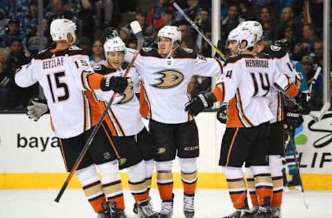 SAN JOSE, CA – APRIL 16: Rickard Rakell #67 of the Anaheim Ducks celebrates with teammates Ryan Getzlaf #15, Adam Henrique #14, Corey Perry #10 and Brandon Montour #26 after Rakell scored a goal against the San Jose Sharks. (Photo by Thearon W. Henderson/Getty Images)