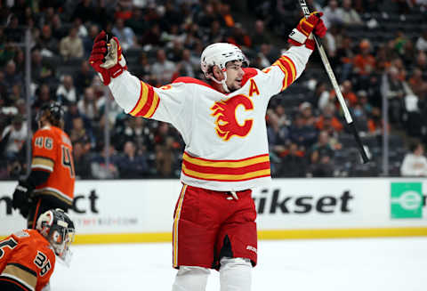 ANAHEIM, CALIFORNIA – DECEMBER 03: Sean Monahan #23 of the Calgary Flames celebrates a goal against the Anaheim Ducks in the second period at Honda Center on December 03, 2021 in Anaheim, California. (Photo by Ronald Martinez/Getty Images)