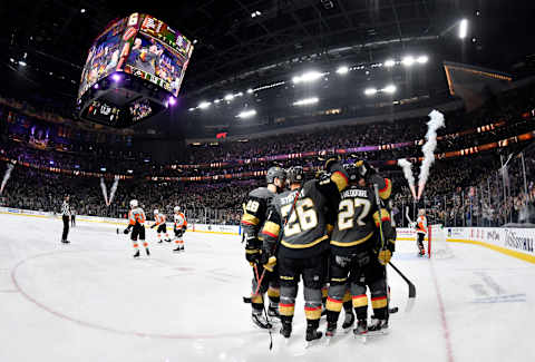 LAS VEGAS, NEVADA – JANUARY 02: Shea Theodore #27 of the Vegas Golden Knights celebrates after scoring a goal during the first period against the Philadelphia Flyers at T-Mobile Arena on January 02, 2020 in Las Vegas, Nevada. (Photo by Jeff Bottari/NHLI via Getty Images)