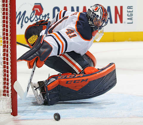 Mike Smith of the Edmonton Oilers vs the Toronto Maple Leafs (Photo by Claus Andersen/Getty Images)