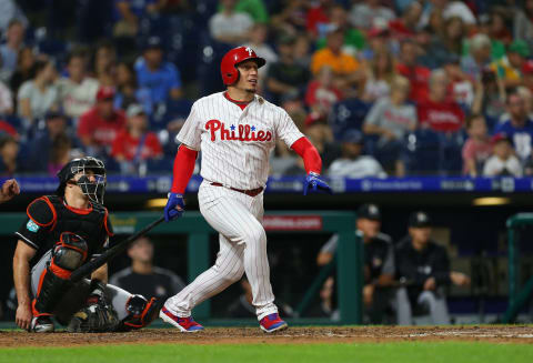 PHILADELPHIA, PA – SEPTEMBER 15: Asdrubal Cabrera #13 of the Philadelphia Phillies hits a double against the Miami Marlins during the fifth inning of a game at Citizens Bank Park on September 15, 2018 in Philadelphia, Pennsylvania. (Photo by Rich Schultz/Getty Images)