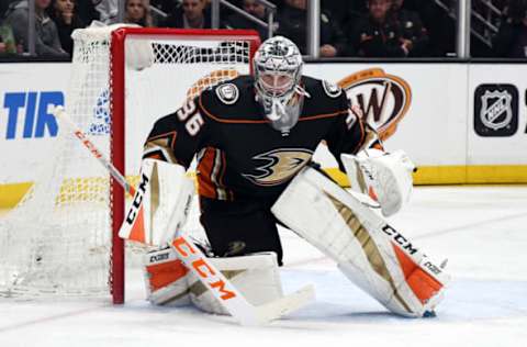 ANAHEIM, CA: Anaheim Ducks goalie John Gibson (36) in action during the second period of a game against the Chicago Blackhawks played on March 4, 2018. (Photo by John Cordes/Icon Sportswire via Getty Images)