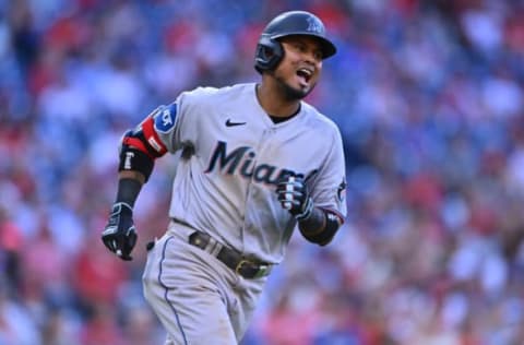 Apr 12, 2023; Philadelphia, Pennsylvania, USA; Miami Marlins second baseman Luis Arraez (3) reacts after hitting a fly ball against the Philadelphia Phillies in the eighth inning at Citizens Bank Park. Mandatory Credit: Kyle Ross-USA TODAY Sports