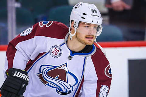 Mar 18, 2016; Calgary, Alberta, CAN; Colorado Avalanche left wing Mikkel Boedker (89) skates during the warmup period against the Calgary Flames at Scotiabank Saddledome. Colorado Avalanche won 4-3. Mandatory Credit: Sergei Belski-USA TODAY Sports