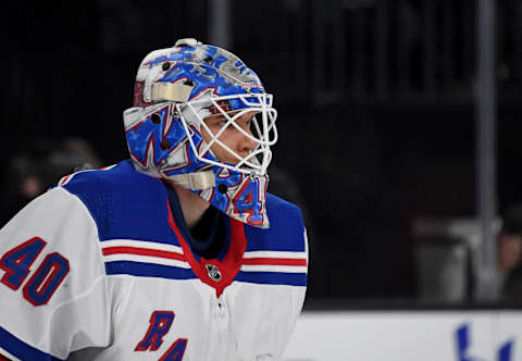 LAS VEGAS, NEVADA – DECEMBER 08: Alexandar Georgiev #40 of the New York Rangers takes a break during a stop in play in the second period of a game against the Vegas Golden Knights at T-Mobile Arena on December 8, 2019 in Las Vegas, Nevada. The Rangers defeated the Golden Knights 5-0. (Photo by Ethan Miller/Getty Images)